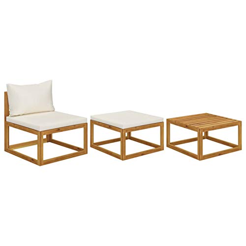 Homgoday Muebles Jardín Exterior Muebles de jardín 3 pzas Cojines Crema Madera Maciza de acaciaSofá Central +reposapiés + mesaCrema