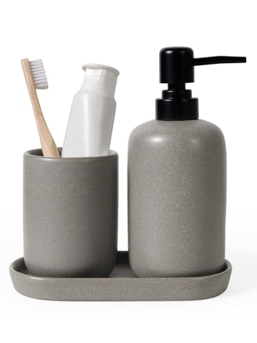 Autumnlife Keramik Badezimmer Zubehör Set Grau, 3-Teilig Bad Set Steinoptik Badzubehör mit Schmal Seifenspender, Zahnputzbecher & Ablageschale, Praktisch für Bad, Waschbecken, Hotel