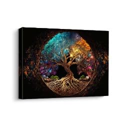 Art mural abstrait doré et luxueux tableau arbre de vie coloré sur toile