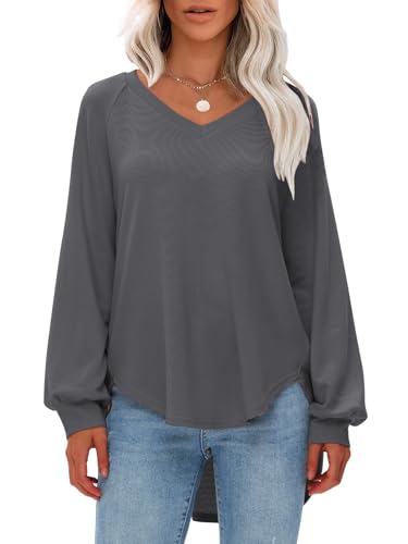 Image of EXLURA Womens Fall Oversized V Neck Tunic Tops 2025 Casual Long Sleeve Shirts Lightweight Soft Sweater Curved Hem T Shirts