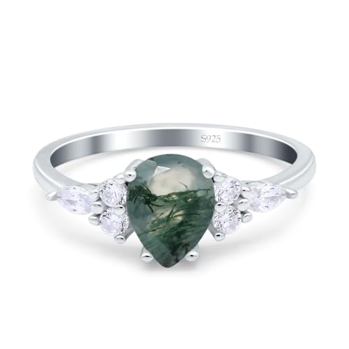 OMRANII Art Deco Ring Natural Green Moss Agate Pear Teardrop Vintage Style CZ Statement Wedding Engagement Rings For Women 925 Sterling Silver Gift For Her