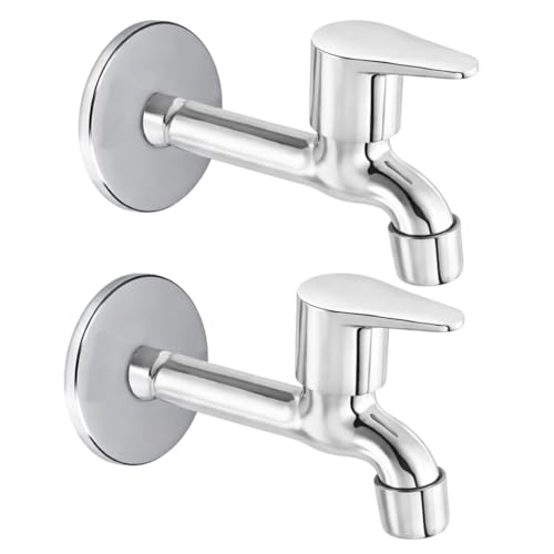 Image of Furiq Bath Fusion Stainless Steel Long Body taps for Bathroom and Kitchen taps with Chrome Finish and Quarter Turn Fitting (Wall Flange and Teflon Tape) Pack of 2