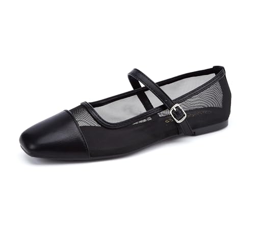 LUCKY STEP Women's Mesh Buckle Flats Mary Jane Square Toe Ballet