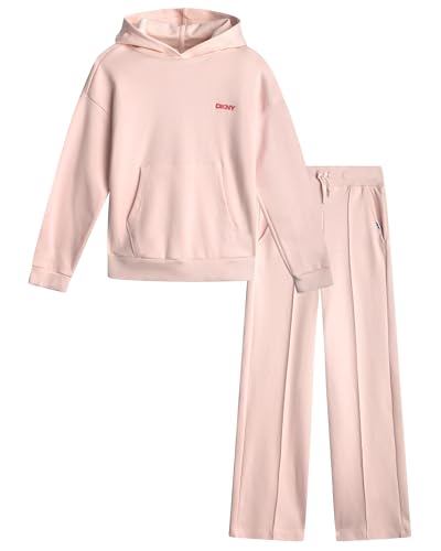 DKNY Girls' Jogger Set - 2 Piece Soft Fleece Athletic Pullover Hooded Sweatshirt and Jogger Sweatpants for Girls (Sizes:7-12), Size 12, Blush