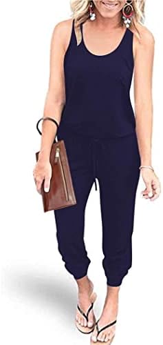 PRETTYGARDEN Women's Casual Tank Jumpsuits Sleeveless Drawstring Elastic Waist Loose Summer Romper (Navy,Small)