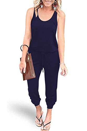Prettygarden Women's Casual Tank Jumpsuits Sleeveless Drawstring Elastic Waist Loose Summer Romper (Navy,Small) #TOP3