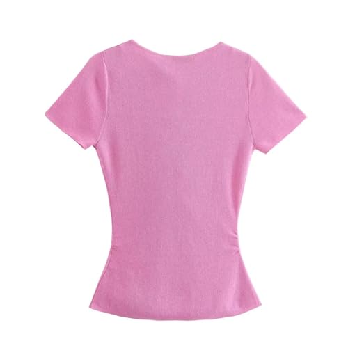 Women's Round Neck Short Sleeve Summer Knitted Slim Fit Button Ruffled Top Cardigan3