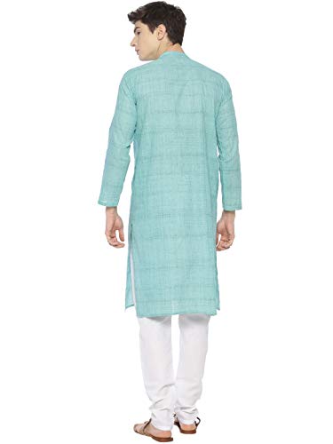 PAROKSH Men's Teal Solid Handloom Cotton Dual Button Straight Khadi Kurta Large4