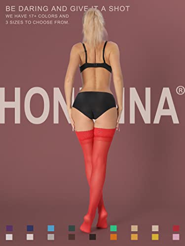 Image of HONENNA Sheer Thigh High Stockings, 17+ Colors Stay Up Lace Top with Anti-Slip Silicone for Women
