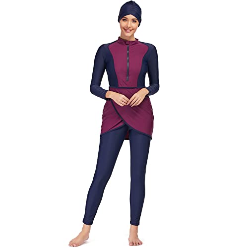 IWEMEK Muslim Swimsuits for Women Long Sleeve Modest Swimwear 3 Pieces Islamic Arabic Swimming Costume Hijab Swimming Suit for Women Full Coverage Islamic Modest Bathing Suit Purple+Navy 3X-Large