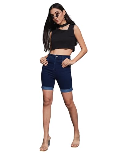 Image of Miss Chase Women's Relaxed Fit Mid Rise Highly Distressed Regular-Length Denim Shorts