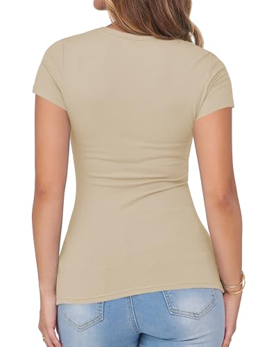 Image of Albe Rita Women Short Sleeve T-Shirt Cap V Neck Shirts for Women Ribbed Casual Top Knit Slim Fit for Summer