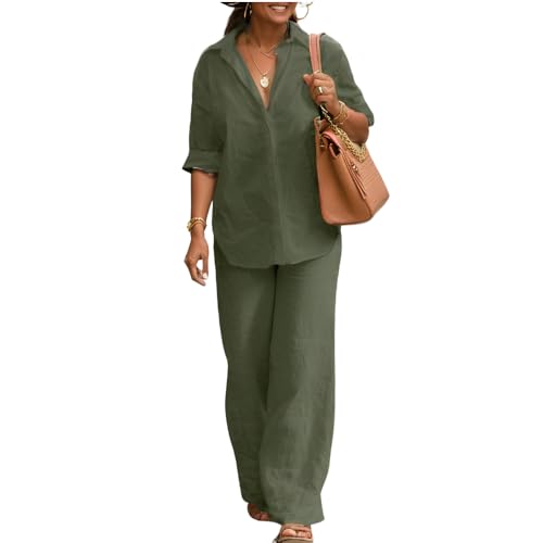 Nupucy Womens 2 Piece Cotton Linen Outfits Button Down Long Sleeve Shirt Loose Elastic Waist Wide Leg Pants Sets with Pockets, 03-green, Medium