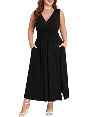 BELAROI Women Plus Size Maxi Sundress Summer Casual Wrap V Neck Sleeveless Empire Waist Long Maxi Beach with Pockets (2X, Black)
