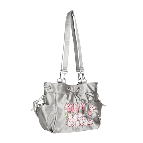 Bolso hobo para mujer de raso con bordado de conejo, bolso tote y bandolera casual miniatura 4