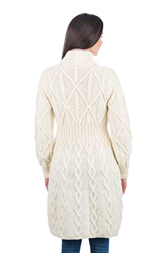 Saol 100% Merino Wool Aran Cable Long Knit Women Cardigan Coat With Celtic Knot Buttons (Natural, Large) #TOP2