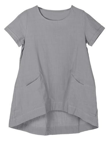 FTCayanz Camisa de lino para mujer de verano, manga corta, camiseta de algodón Túnica T Shirts vestido con bolsillos, gris, XXL