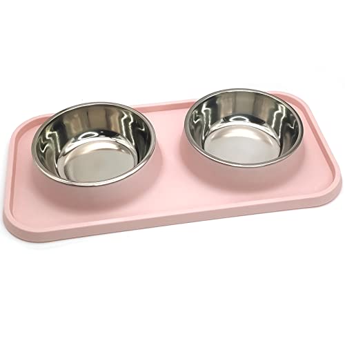 BNOSDM Double Dog Food Bowls Stainless Steel Dog Food and Water Bowls with Non-Spill Plastic Mat Pet Cat Feeder Bowl Set for Puppy Cats Kitten Small Medium Dogs Pink