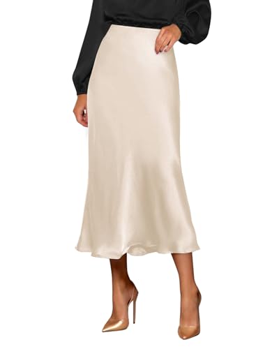 Facogoo Women's Satin Midi Skirt High Waisted A-Line Silk El...