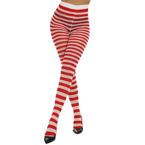 Image of MANZI Striped Tights for Women Footed Stretchy Opaque Pantyhose for Halloween Xmas 2 Pairs