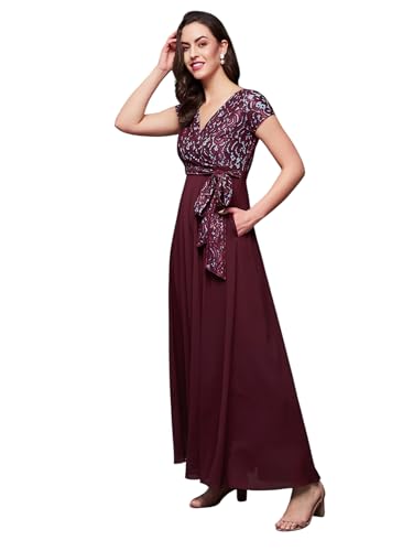 Image of Miss Chase Women's Round Neck Cap Sleeves Lace Knee -Long Skater Dress