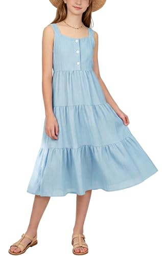 Maxivestido para niñas acampanado y casual en color liso con cuello cuadrado