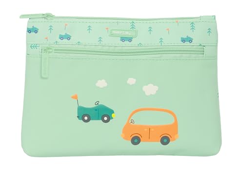 Safta Preescolar Coches - Estuche Escolar Grande Doble Cremallera, Estuche Infantil, Estuche Niño, Cómodo y Versátil, Fácil Limpieza, 23x3x16 cm, Color Verde Agua