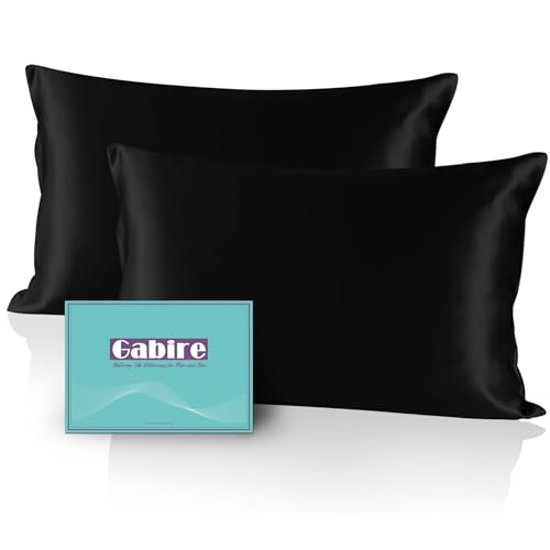 Gabire Mulberry Silk Pillow Cases Set of 2, Both Sides Real Silk Pillowcase for Hair and Skin Prevent Acne Pillowcase Organic Silk Pillowcase 2 Pack with Hidden Zipper, Black, Standard (20'×26')