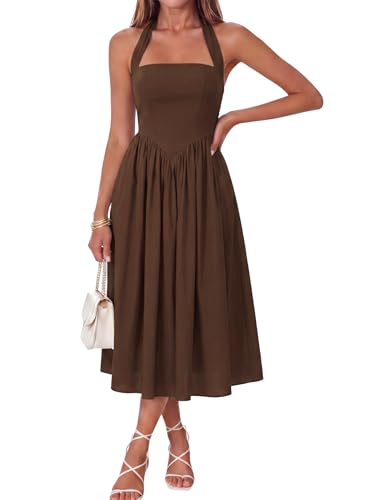 Image of Parthea Women's Floral Halter Corset Midi Dress 2026 Elegant Smocked Flowy Wedding Guest Dresses with Pockets