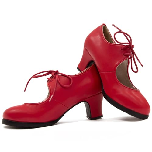 El Rocio desde 1980 Zapatado de Flamenco de Doble Suela y Cordones (Rojo, Sistema Tallas Calzado EU, Adulto, Mujer, Números, Mediano, 40)