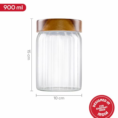 Image of Borosil Glass Jar with Acacia Wood Lid | Borosilicate Glass Storage Jar for Dry Fruits, Spices & Snacks | Airtight Glass Container for Kitchen & Pantry (Linea, 900ml)