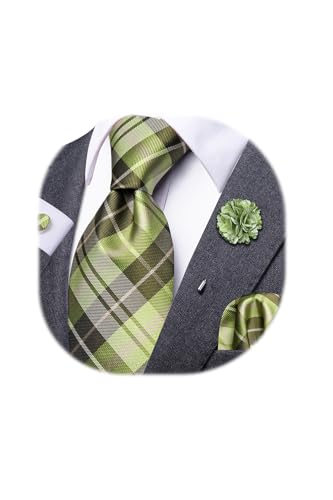 Image of Dubulle Mens Green Checks Tie and Lapel Pin Striped Floral Necktie for Men Pocket Square Cufflinks Wedding Party