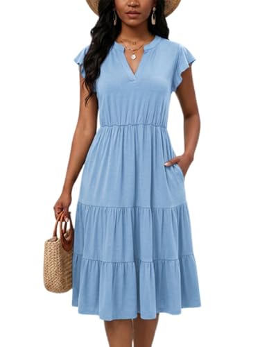 Image of Womens Summer Dress Ruffle Sleeve V Neck Midi Dresses Casual Fit Flowy Tiered Boho Beach Vacation Sundress