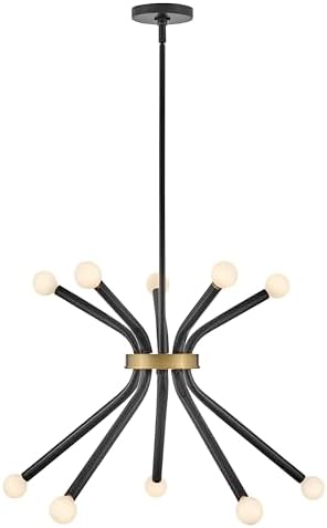 Lark Axton 83855BK Medium Modern Sputnik Chandelier, Ten Lights, Adjustable Height, Hang from Even or Sloped Ceilings, Black and Lacquered Brass