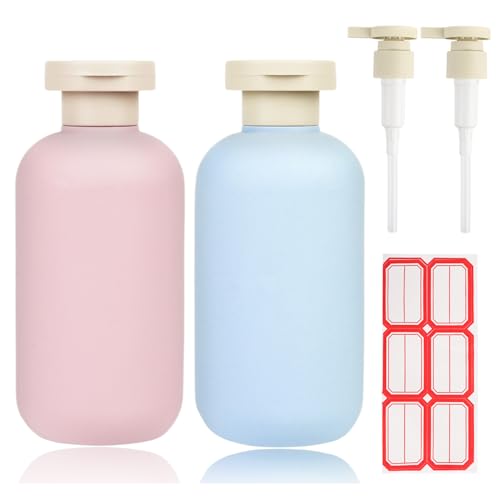 ShanySheny 6.8oz Refillable Shampoo and Conditioner Bottles, 2PCS Squeezable Travel Shampoo Bottles with Flip Cap and 2PCS Pump Dispenser and Labels