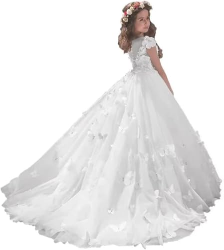 Girls' Lace Tulle Flower Girl Dresses 3D Floral First Holy Communion Dress for Kids Formal Prom Pageant Ball Gown