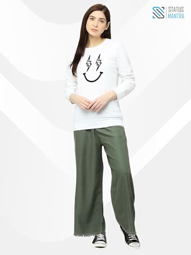 Image of STATUS MANTRA Women's Cotton Round Neck Regular Fit Sweatshirt | Full Sleeves and Smile Printed | Comfort Colour T-Shirt | Available in Multicolor & Size Small to 2XL