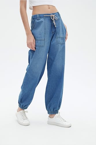 Women's Balloon Jogger Jeans High Waist Drawstring Elastic Waist Casual Loose Boyfriend Denim Pants4