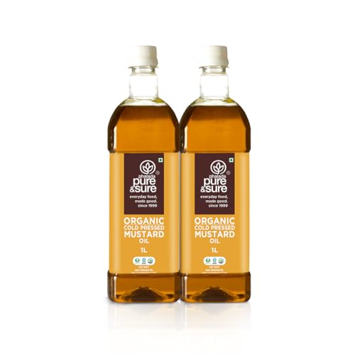 Image of Pure & Sure Organic Cold Pressed Mustard(Kachi Ghani) Oil 2 Litres | Natural Sarso Tel for Cooking, Hair Care & Skin Care|Rich Flavour and Nutrients | (1L X Pack of 2)