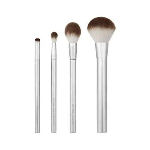 EcoTools Precious Metals Cheek &amp; Eye Highlight Makeup Brush Kit, for Eyeshadow, Blush, &amp; Powder Products, Eco Friendly, Cruelty Free Face Brushes, Recycled Aluminum, Chrome, 4 Piece Set Rose Gold