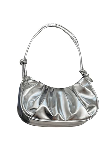 Women's Y2K Metallic Ruched Shoulder Handbags Adjustable Strap Crescent Underarm Bags Purse