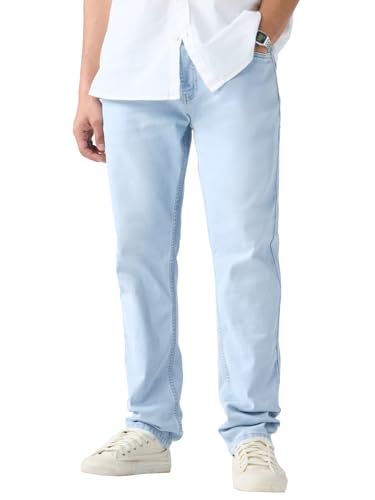 Image of The Souled Store Slim-Fit Denim: Frost Blue Men and Boys Buttoned Solid Cotton Slim Fit Jeans