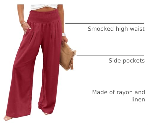 Image of ANRABESS Women Linen Palazzo Wide Leg Pants with Pockets | Smocked High Waist，Comfort Casual Flowy Pants，Lounge Everyday Wear，Summer Boho Cute，2026 Beach Travel Vacation Outfits
