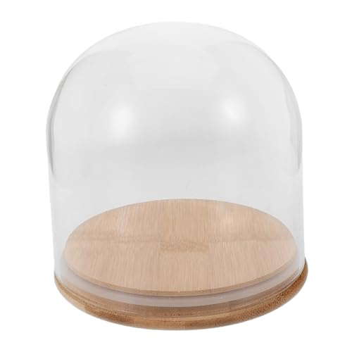 HEALLILY Cúpula de cristal transparente con base de bambú, cubierta de tarro de campana de alta transparencia para flores eternas, decoraciones de bricolaje, coleccionables, a prueba de polvo