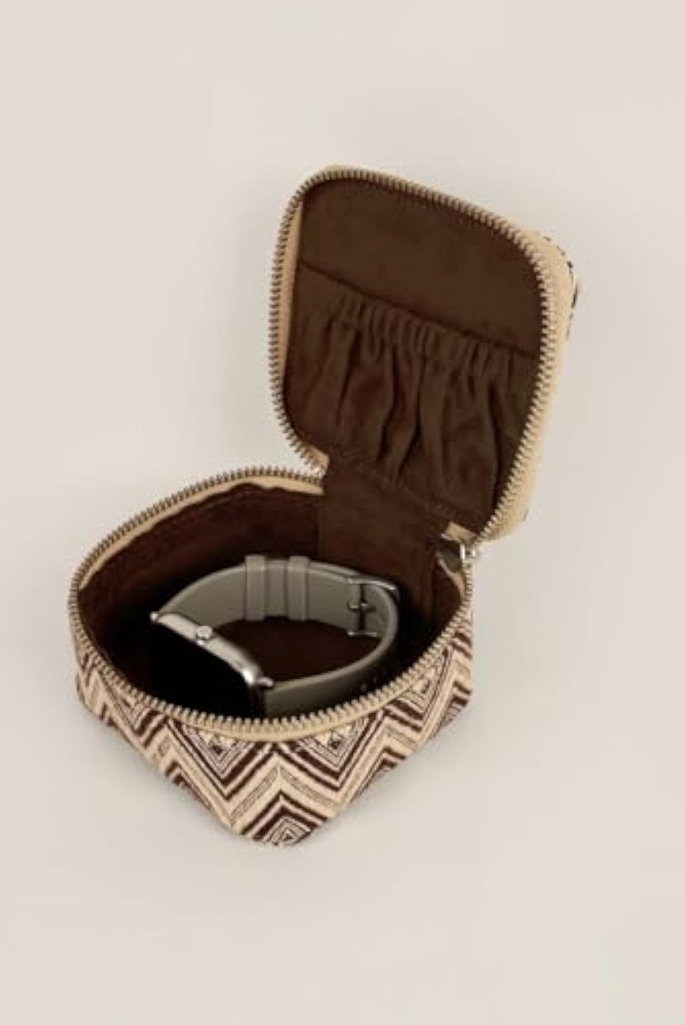 Square Handloom Jewellery Case, Brown Chevron