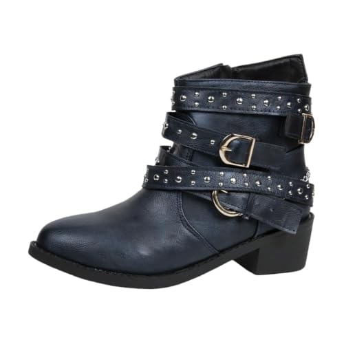 Image of DirraBra Women's Goth Leather Block Heel Ankle Boots Fashion Studded Ankle Strap Trim Punk Boots Winter Side Zipper Motorcycle Short Booties