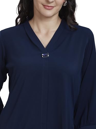 Image of nioni Women's Purple Poly Linen Blend Tunic Top with 3 /4 Sleeves, Printed Yoke, Kantha Stitch Detailing & Mandarin Collar
