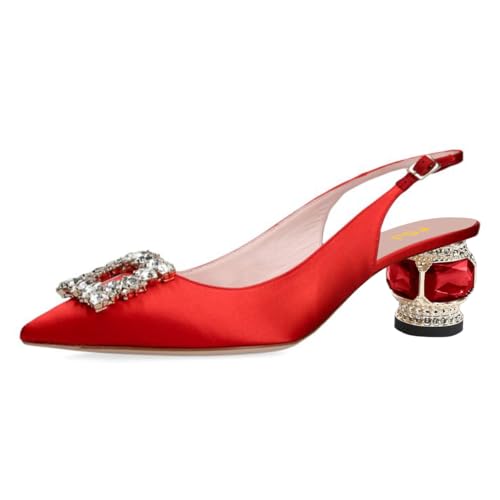 FSJ Women Fashion Crystal Square Buckle Closed Pointed Toe Slingback Pumps Rhinestone Block Low Heel Sandals Party Prom Dress Shoes Size 4-16 US