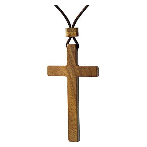 Natural Sandalwood Large Cross Pendant Necklace for Men Women Boy Girl Gift Wood Wooden Casual Sweater Chain (Brown) Cover