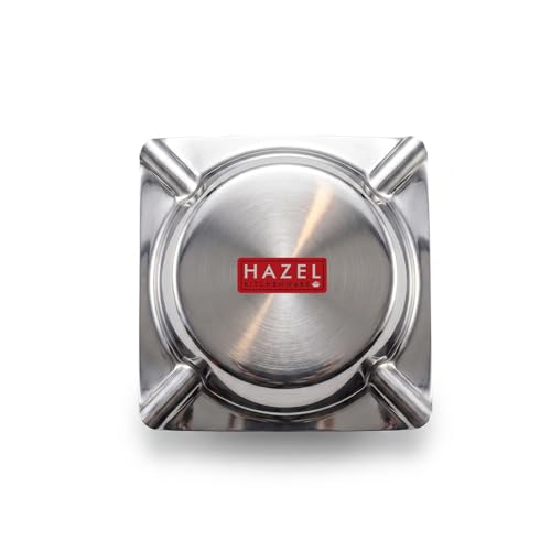 Image of HAZEL Square Stainless Steel Ash Tray | Heavy Duty Smoke Ashtray with 4 Cigarette Holders | Compact 10.7 cm Metal Ashtray for Home, Office & Outdoor Use